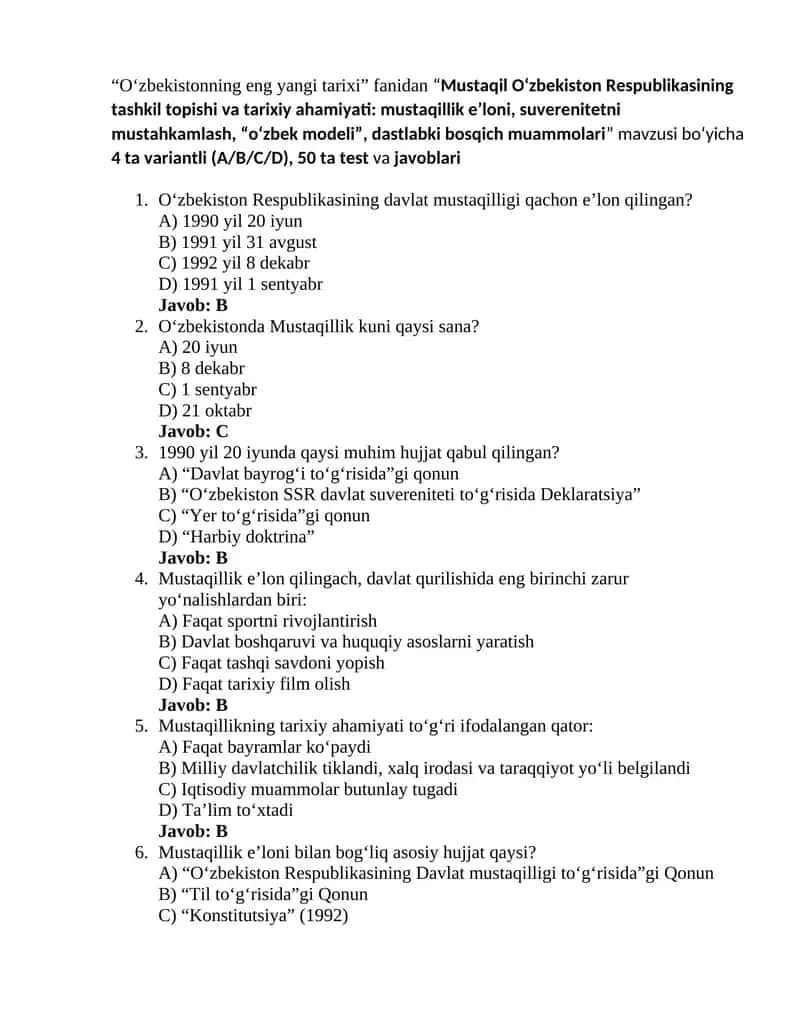 Oʻzbekistonning eng yangi tarixi 4-test