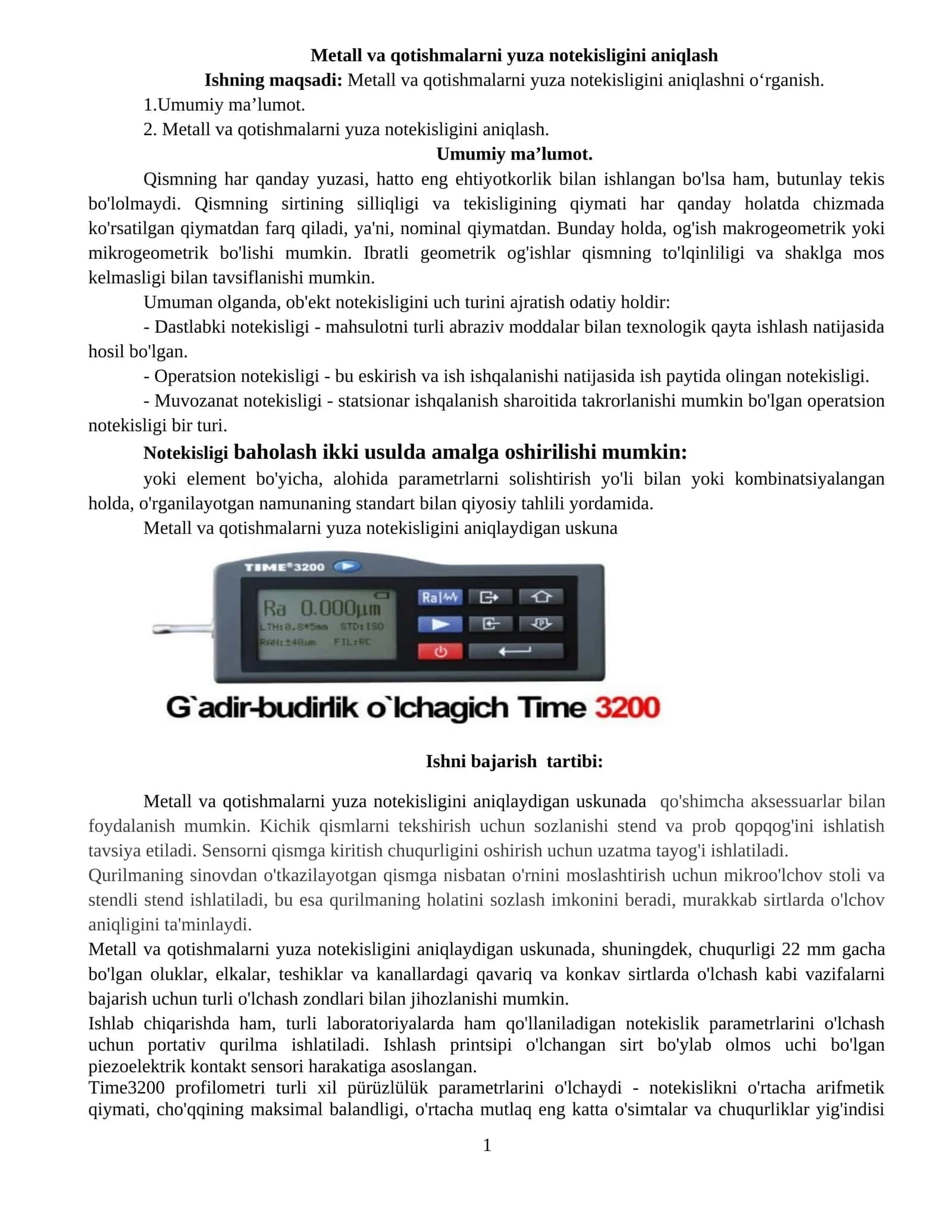 Metall va qotishmalarni yuza notekisligini aniqlash