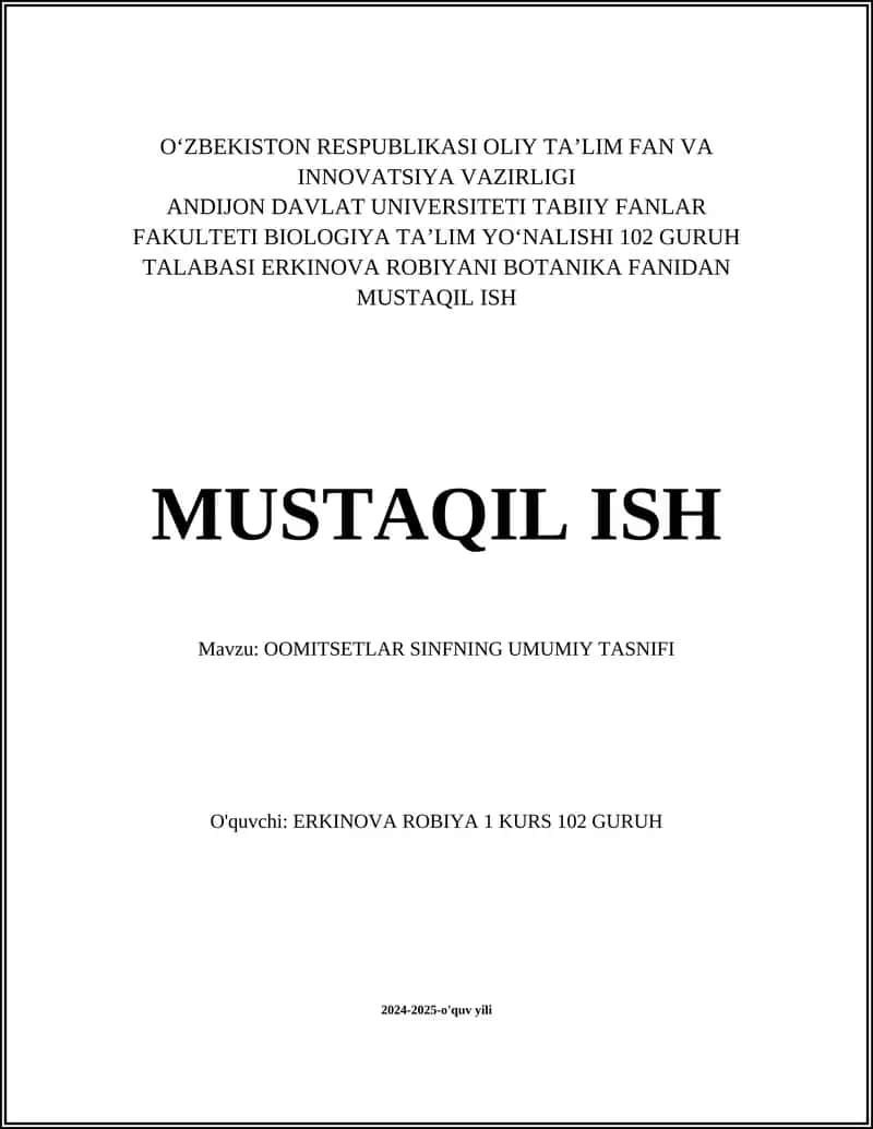 OOMITSETLAR SINFNING UMUMIY TASNIFI
