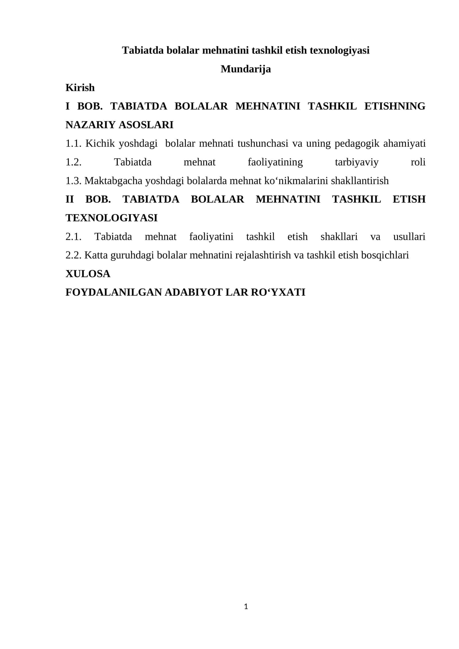 Tabiatda bolalar mehnatini tashkil etish texnologiyasi