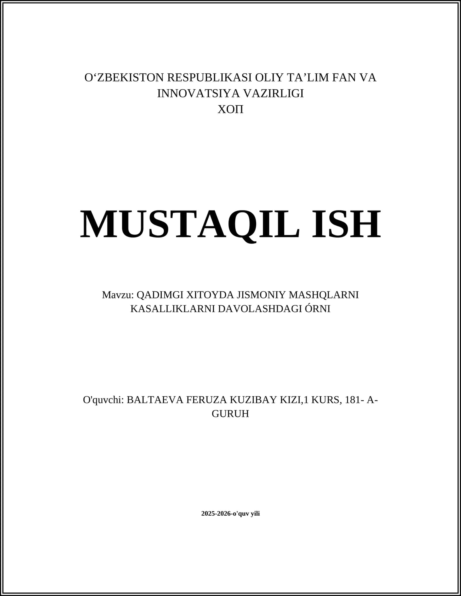 QADIMGI XITOYDA JISMONIY MASHQLARNI KASALLIKLARNI DAVOLASHDAGI ÓRNI