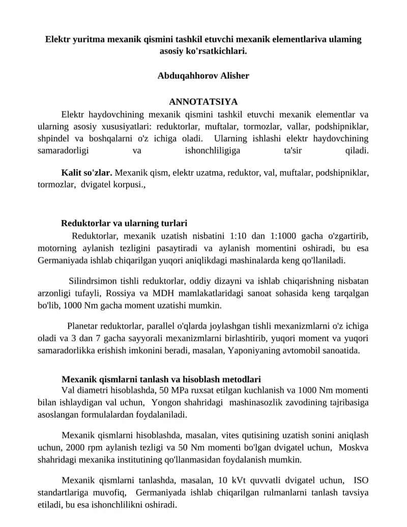 Elektr yuritma mexanik qismini tashkil etuvchi mexanik elementlar va ularning asosiy xususiyatlari
