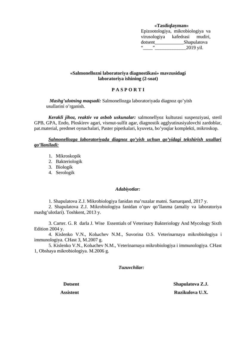 Salmonellozni laboratoriya diagnostikasi