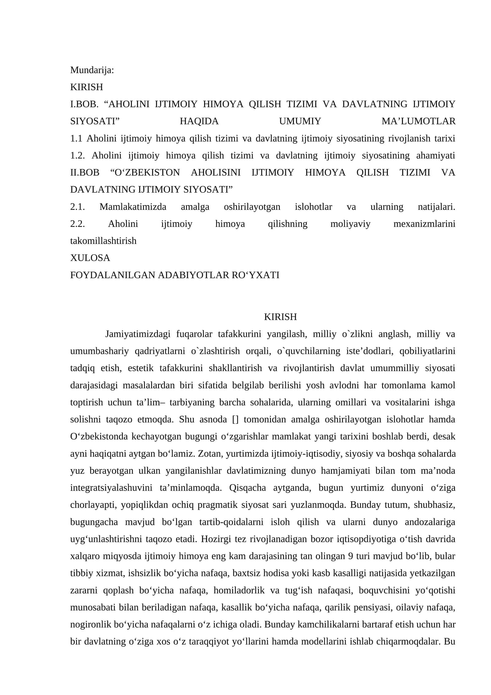 Aholini ijtimoiy himoya qilish tizimi va davlatning ijtimoiy siyosati