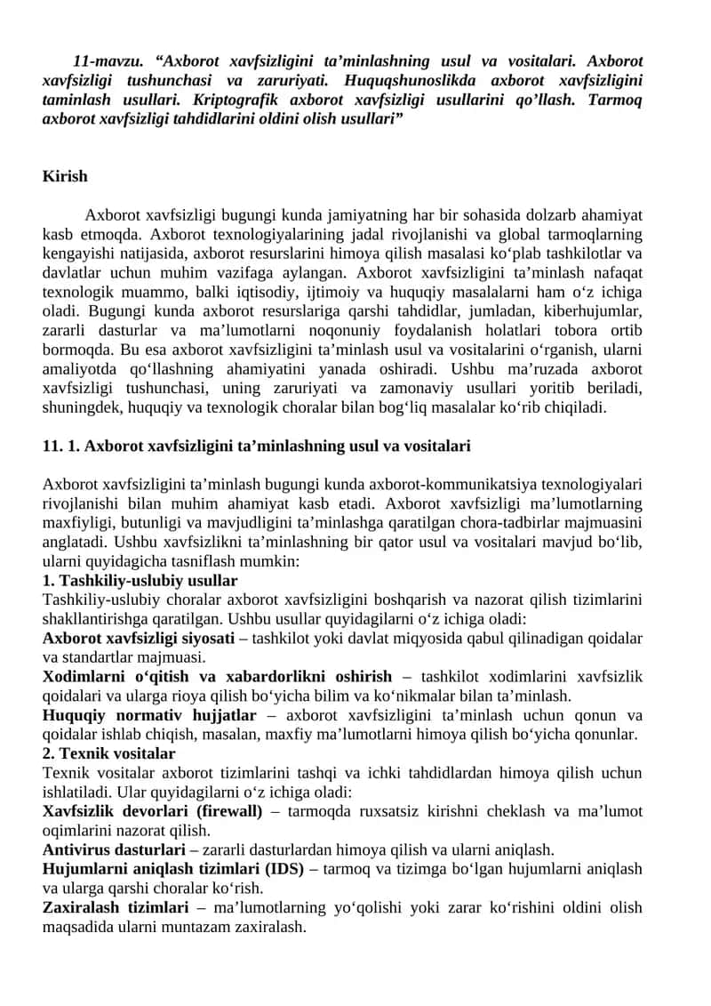 Axborot xavfsizligi taminlash usullari