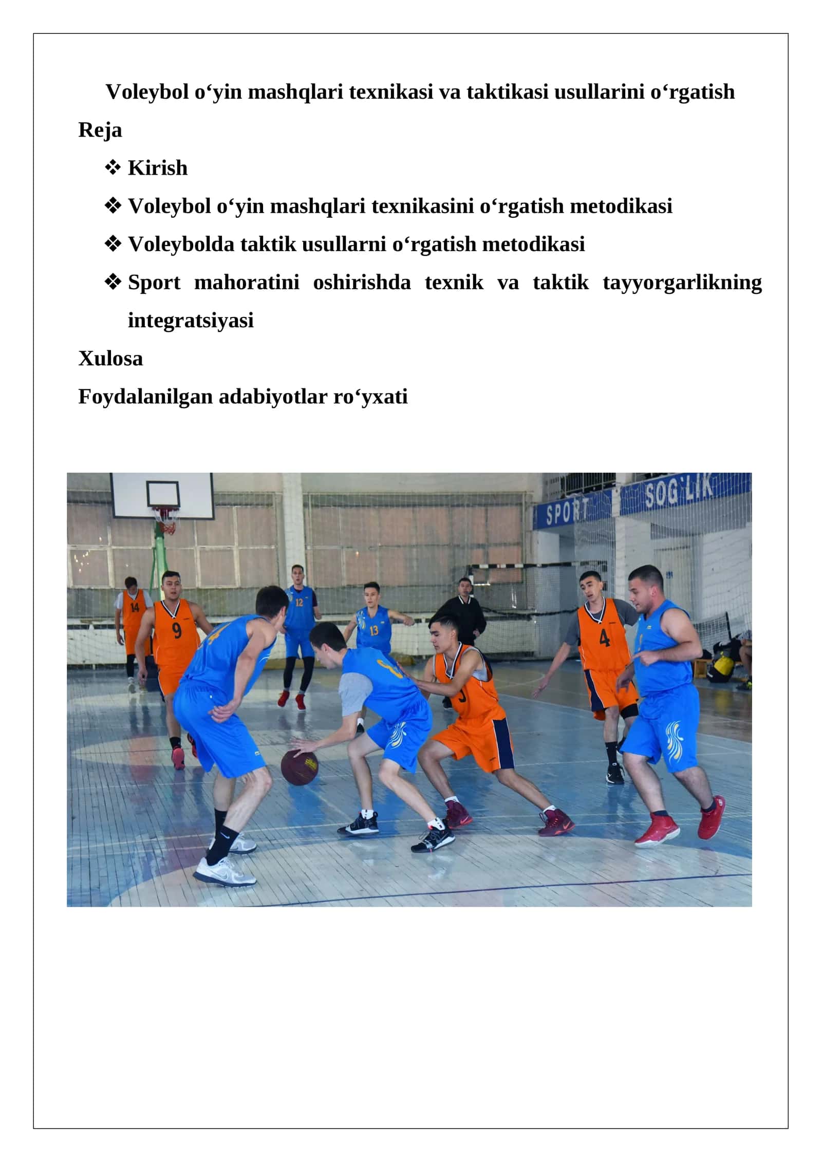 Voleybol o‘yin mashqlari texnikasi va taktikasi usullarini o‘rgatish