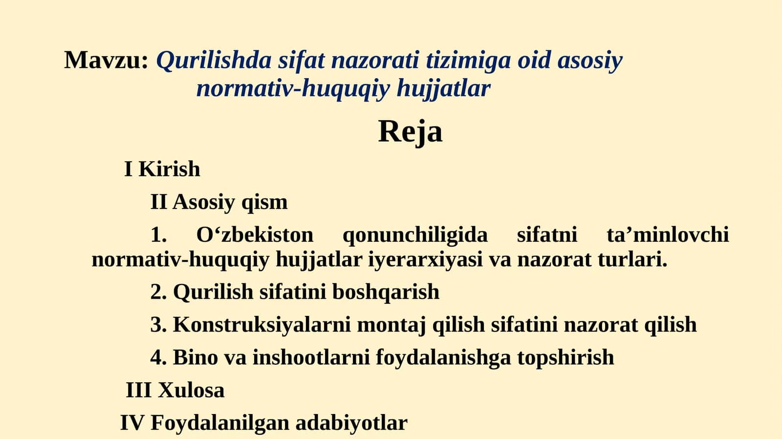 Qurilish dasifat nazorati tizimiga oid asosiy normativ-huquqiy hujjatlar