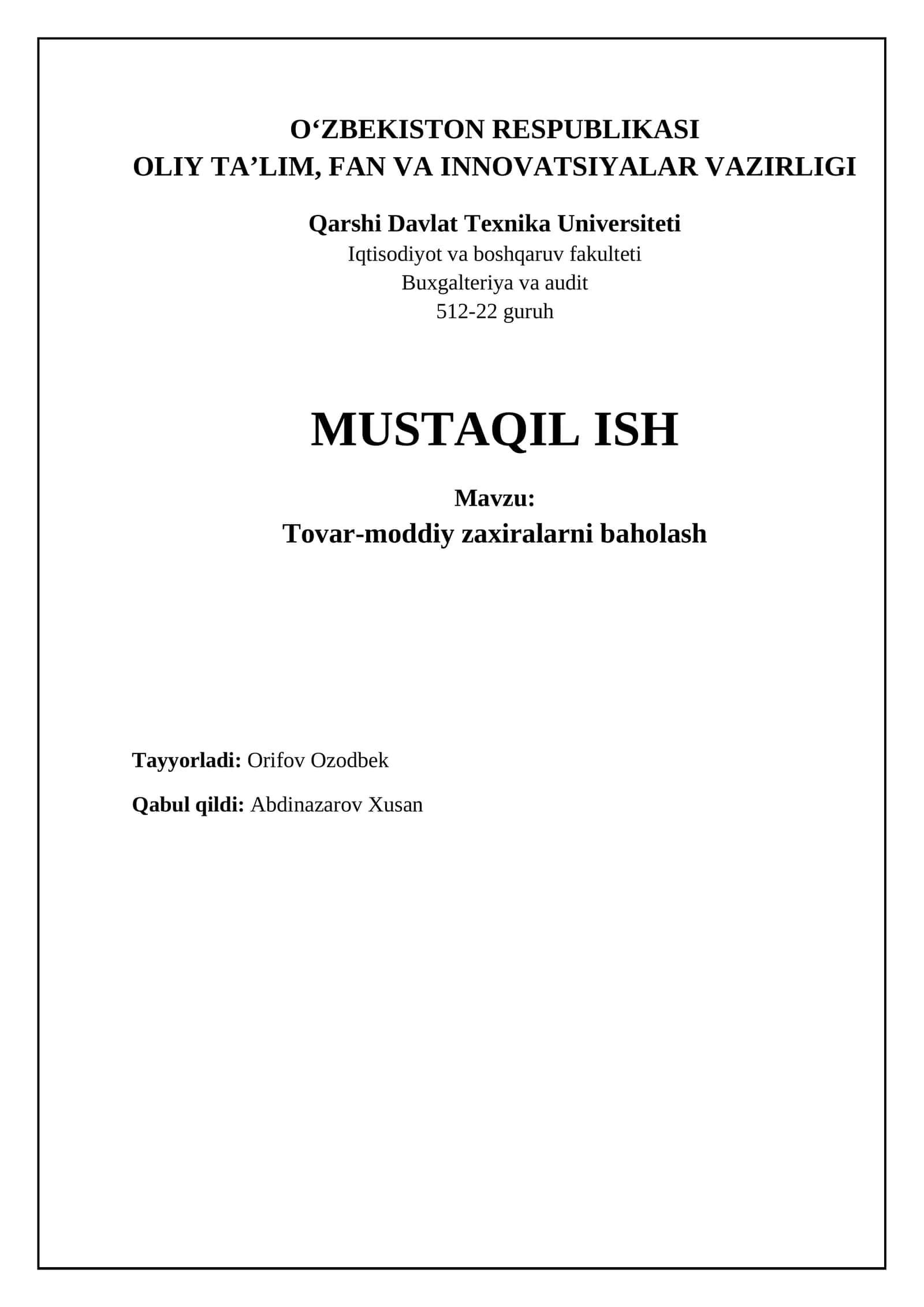 Tovar-moddiy zaxiralarni baholash