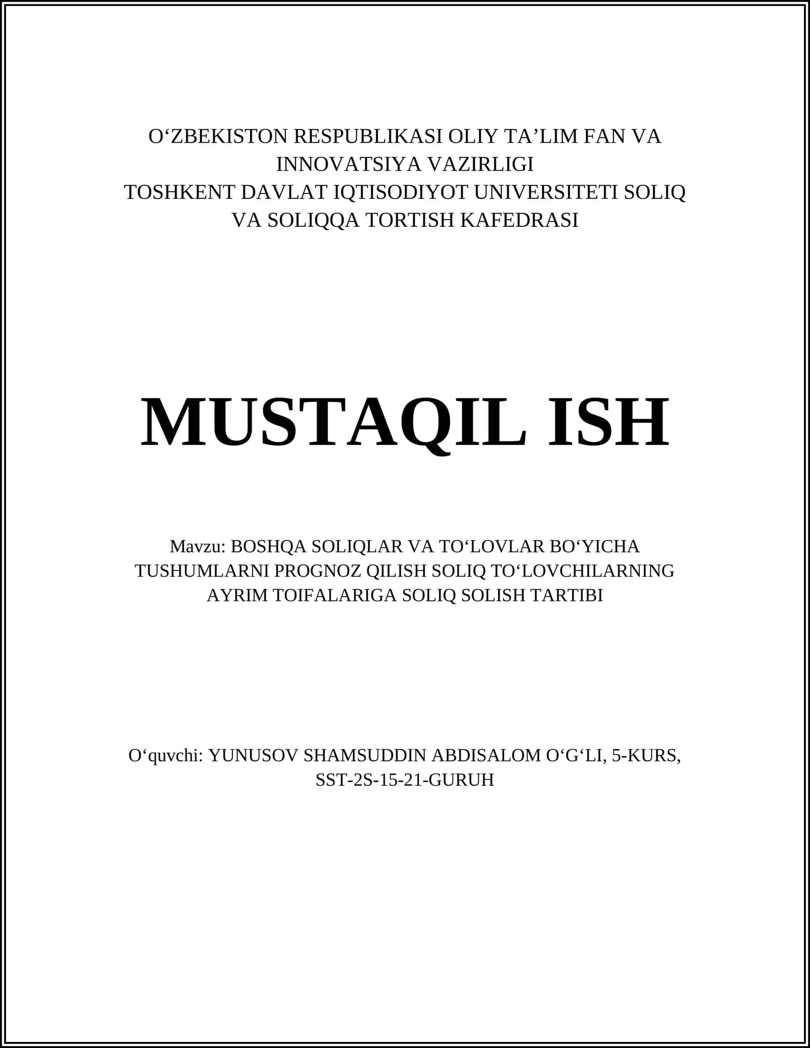 SOLIQ TUSHUMLARI PROGNOZ QILISH
