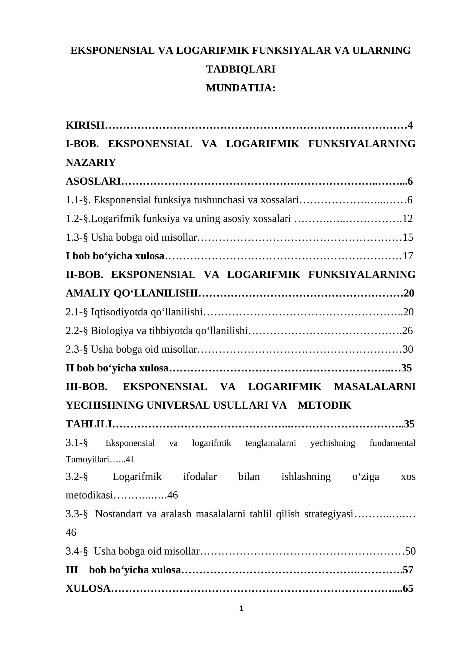 EKSPONENSIAL VA LOGARIFMIK FUNKSIYALAR VA ULARNING TADBIQLARI