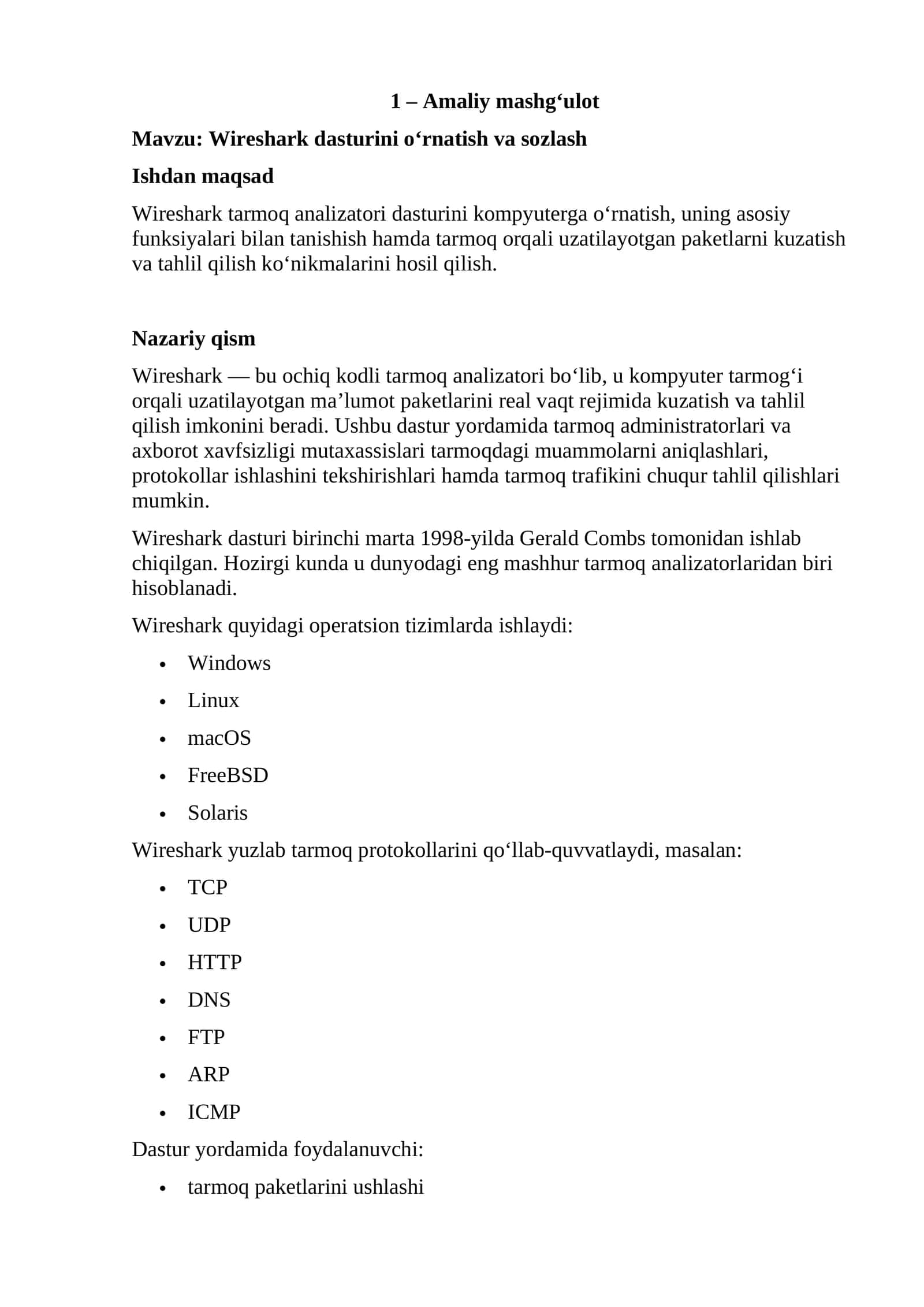 Wireshark dasturini o‘rnatish va sozlash