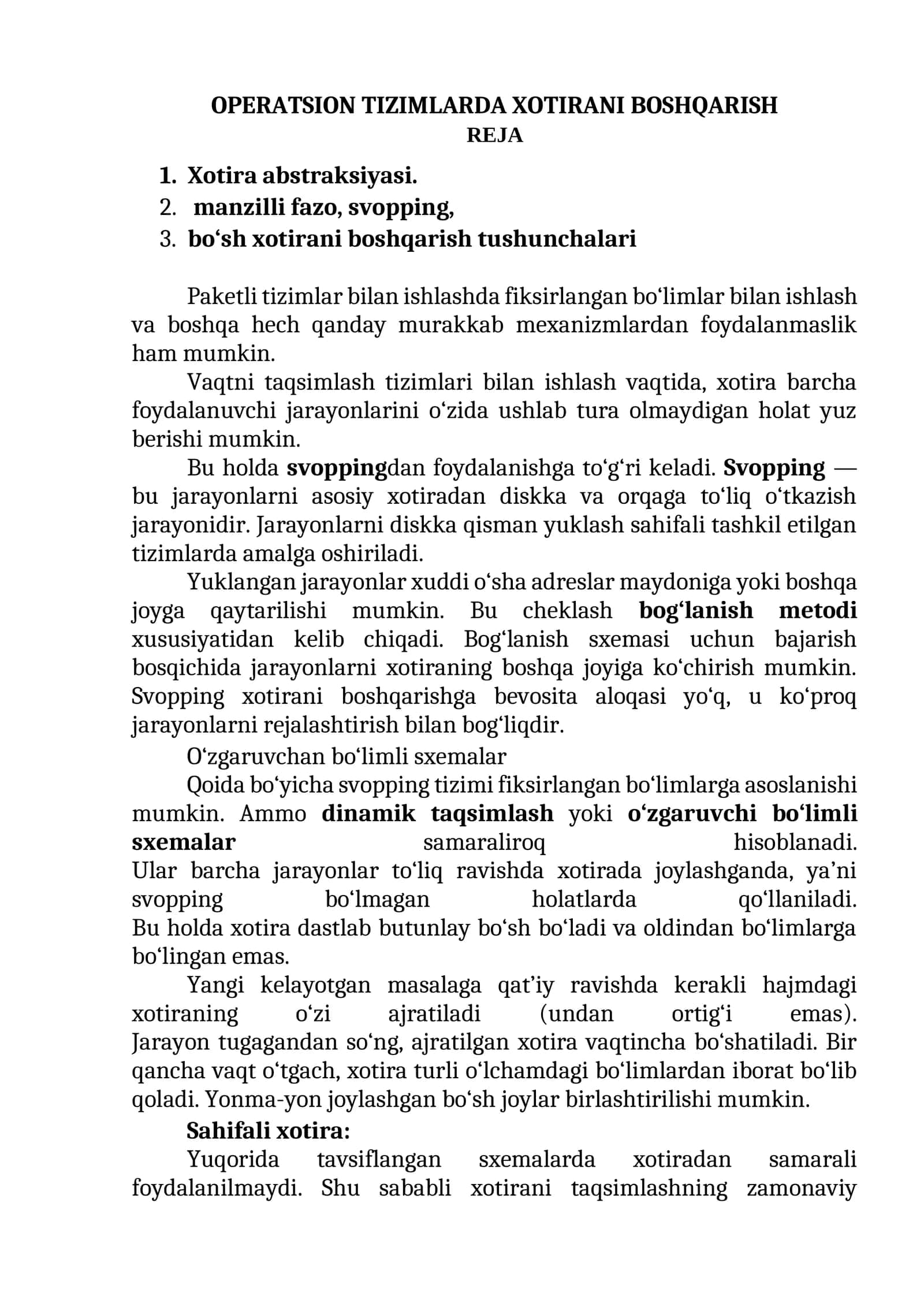OPERATSION TIZIMLARDA XOTIRANI BOSHQARISH