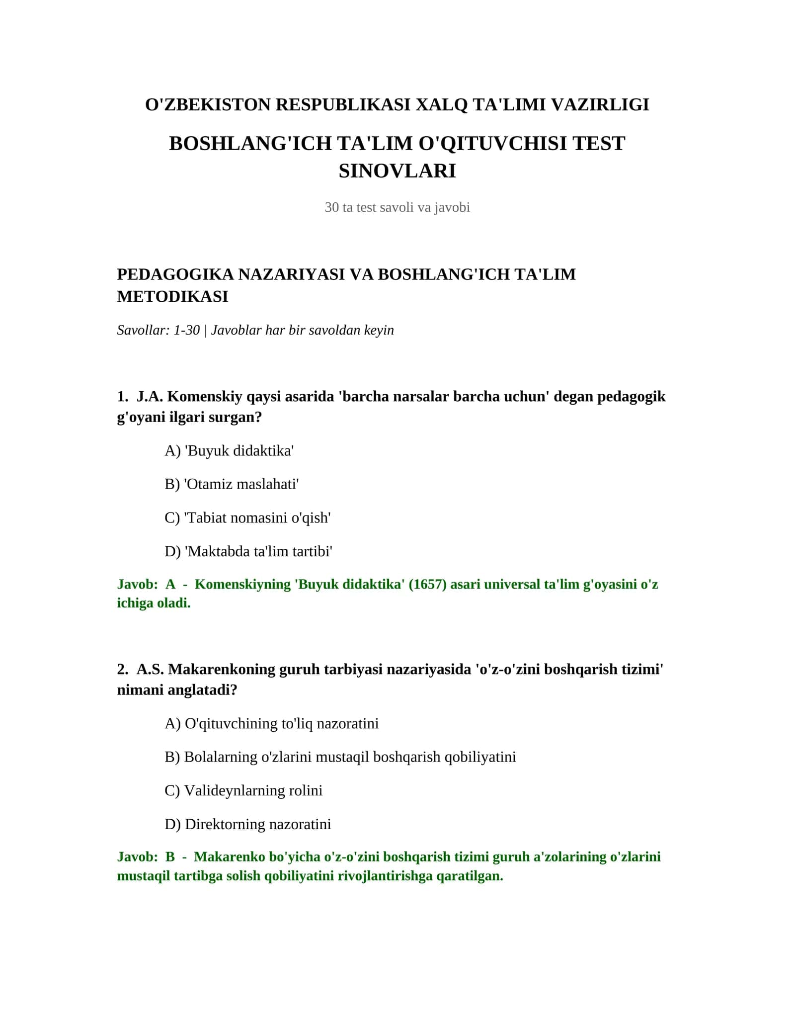 BOSHLANG'ICH TA'LIM O'QITUVCHISI TEST SINOVLARI