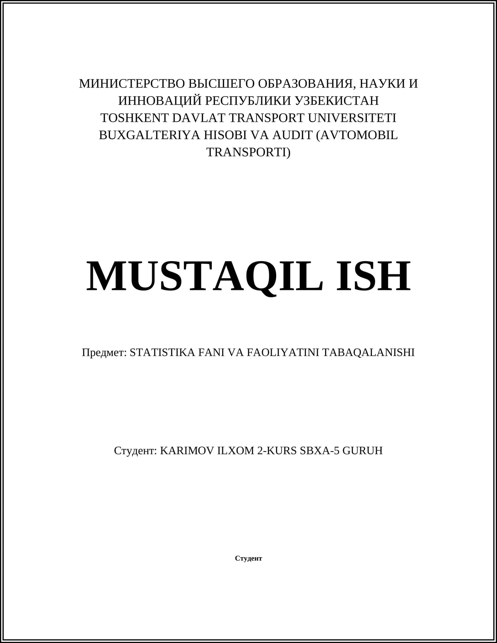 STATISTIKA FANI VA FAOLIYATINI TABAQALANISHI
