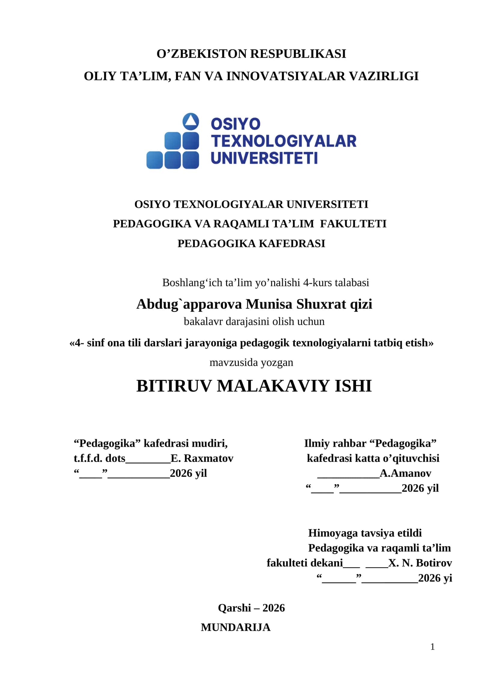 4- sinf ona tili darslari jarayoniga pedagogik texnologiyalarni tatbiq etish