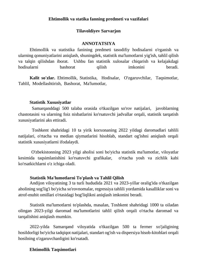 Ehtimollik va statika fanning predmeti va vazifalari