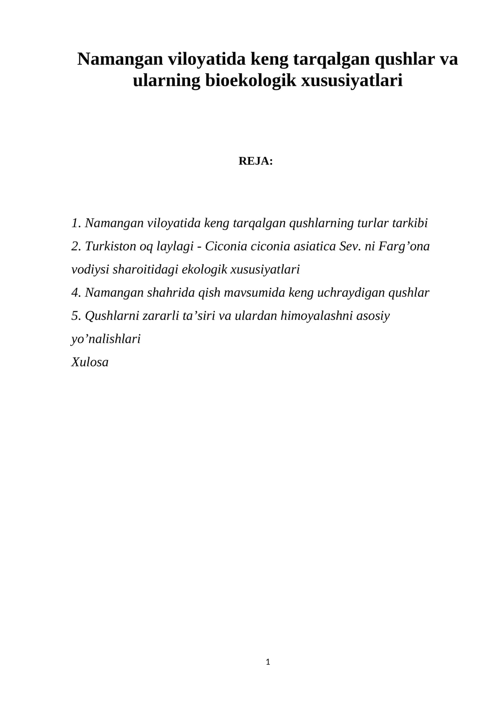 Namangan viloyatida keng tarqalgan qushlar va ularning bioekologik xususiyatlari