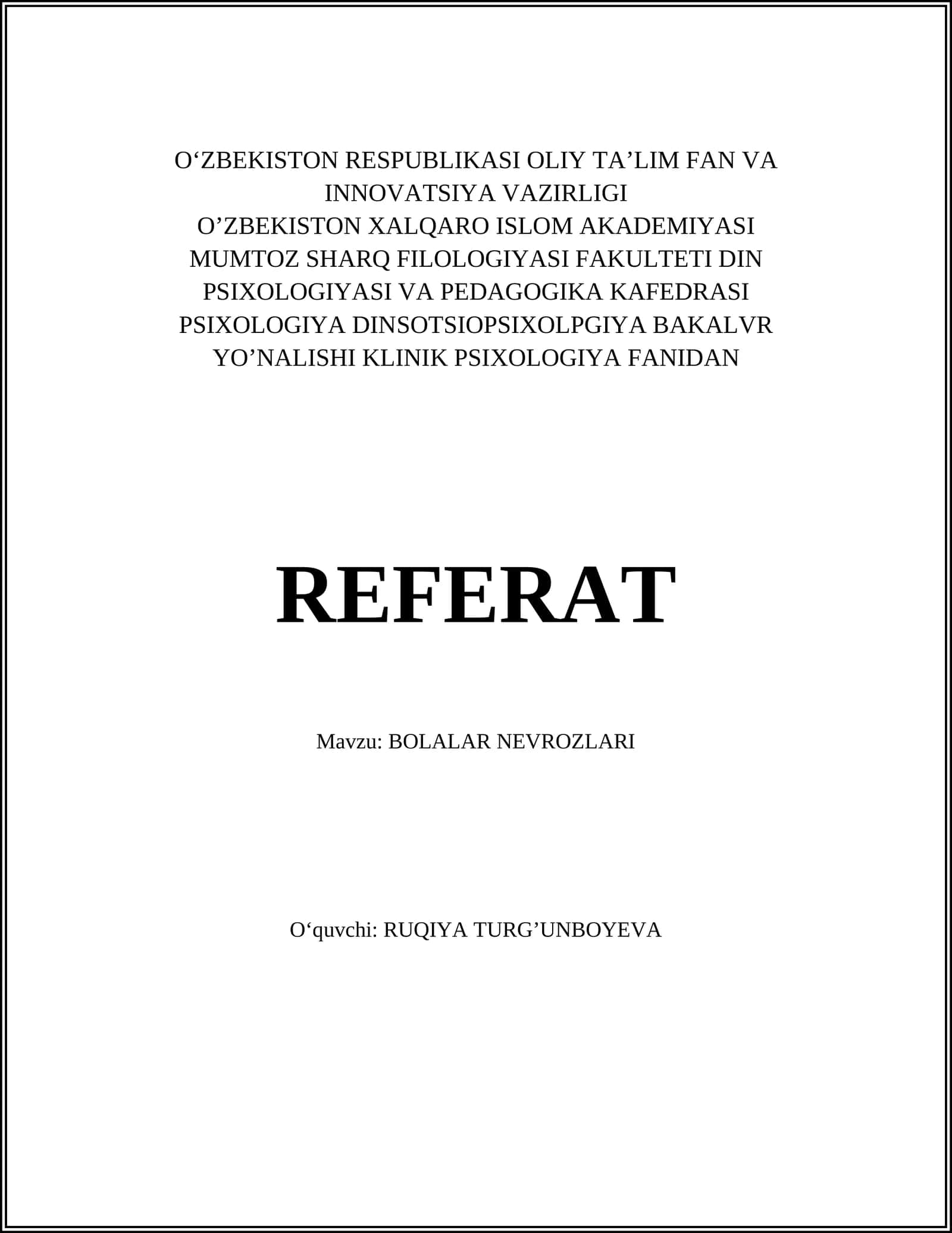 Mavzu: BOLALAR NEVROZLARI
