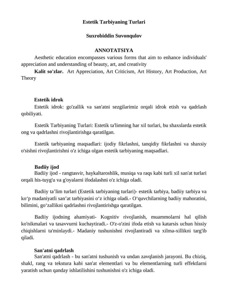 Estetik Tarbiyaning Turlari