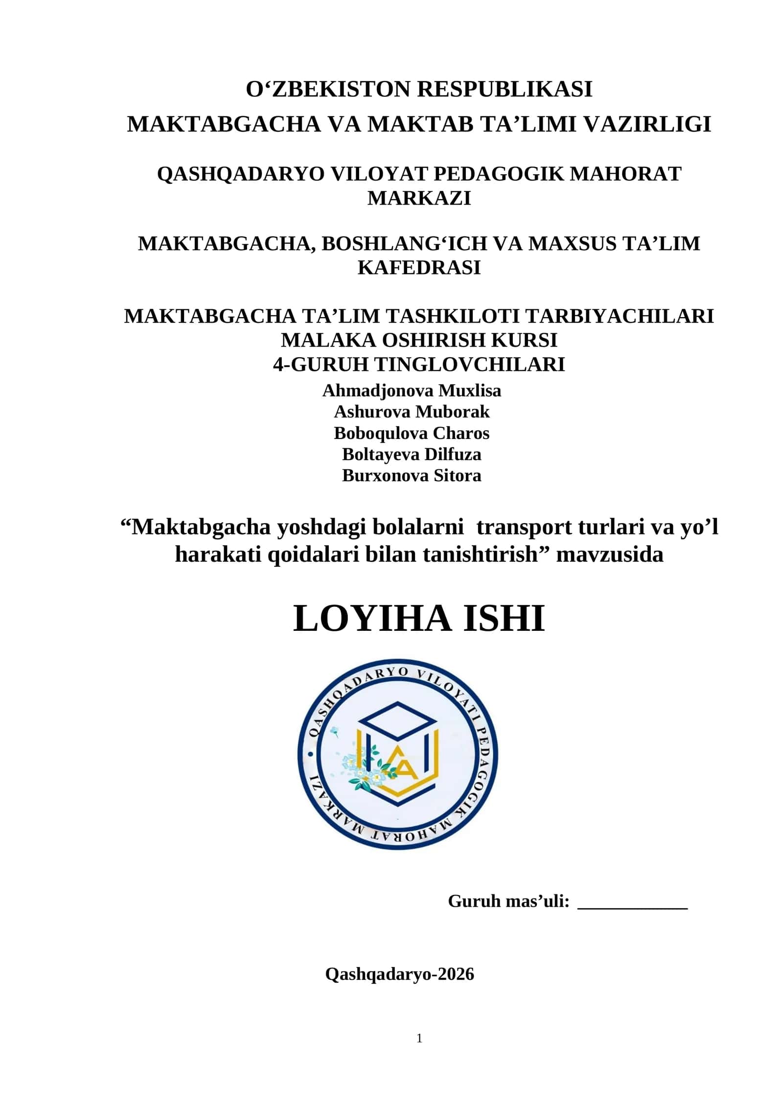 Maktabgacha yoshdagi bolalarni transport turlari va yo’l harakati qoidalari bilan tanishtirish