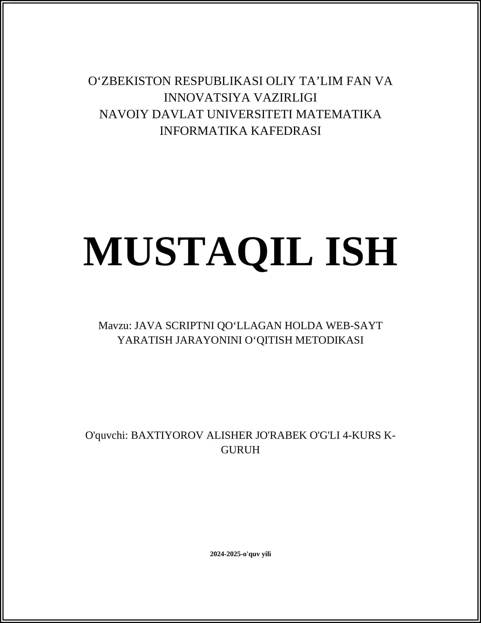 JAVA SCRIPTNI QO‘LLAGAN HOLDA WEB-SAYT YARATISH JARAYONINI O‘QITISH METODIKASI