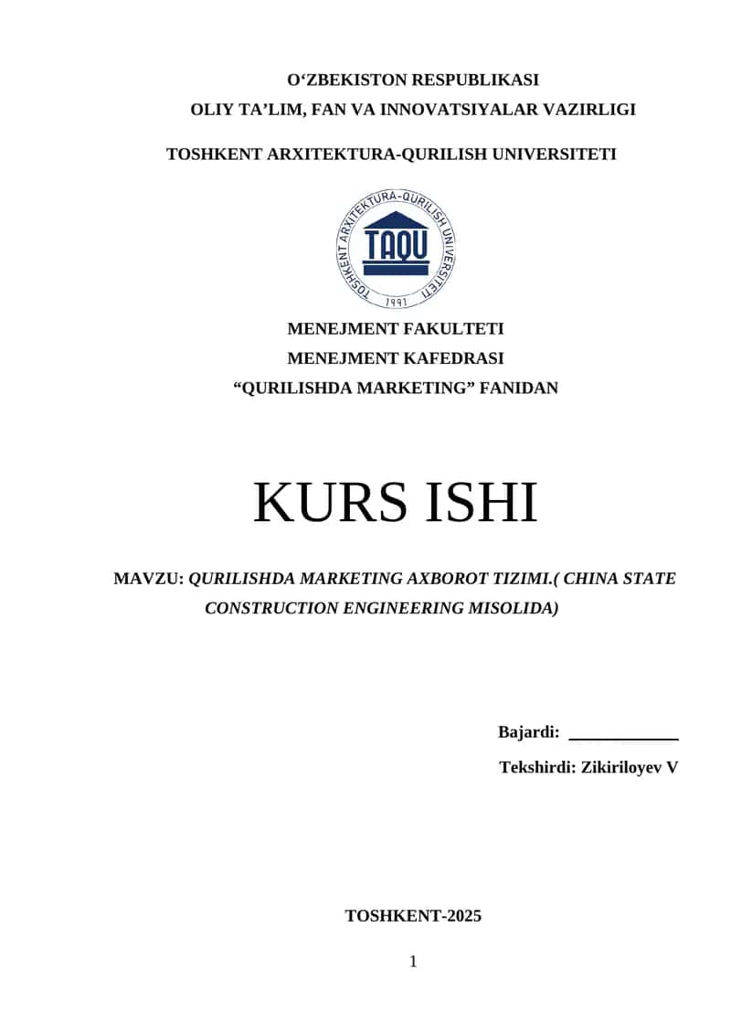 QURILISHDA MARKETING AXBOROT TIZIMI.( CHINA STATE CONSTRUCTION ENGINEERING MISOLIDA)