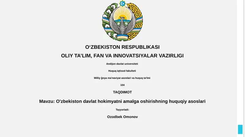 O'zbekiston davlat hokimyatni amalga oshirishning huquqiy asoslari