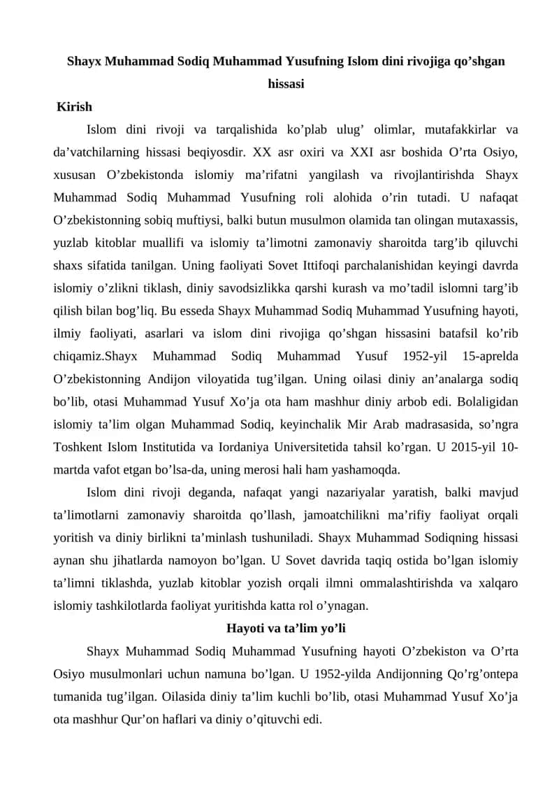 Shayx Muhammad Sodiq Muhammad Yusufning Islom dini rivojiga qo’shgan hissasi