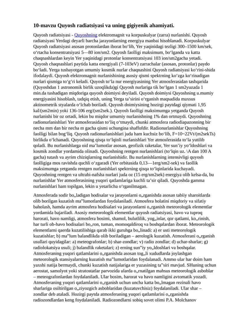 10-mavzu Quyosh radiatsiyasi va uning gigiyenik ahamiyati