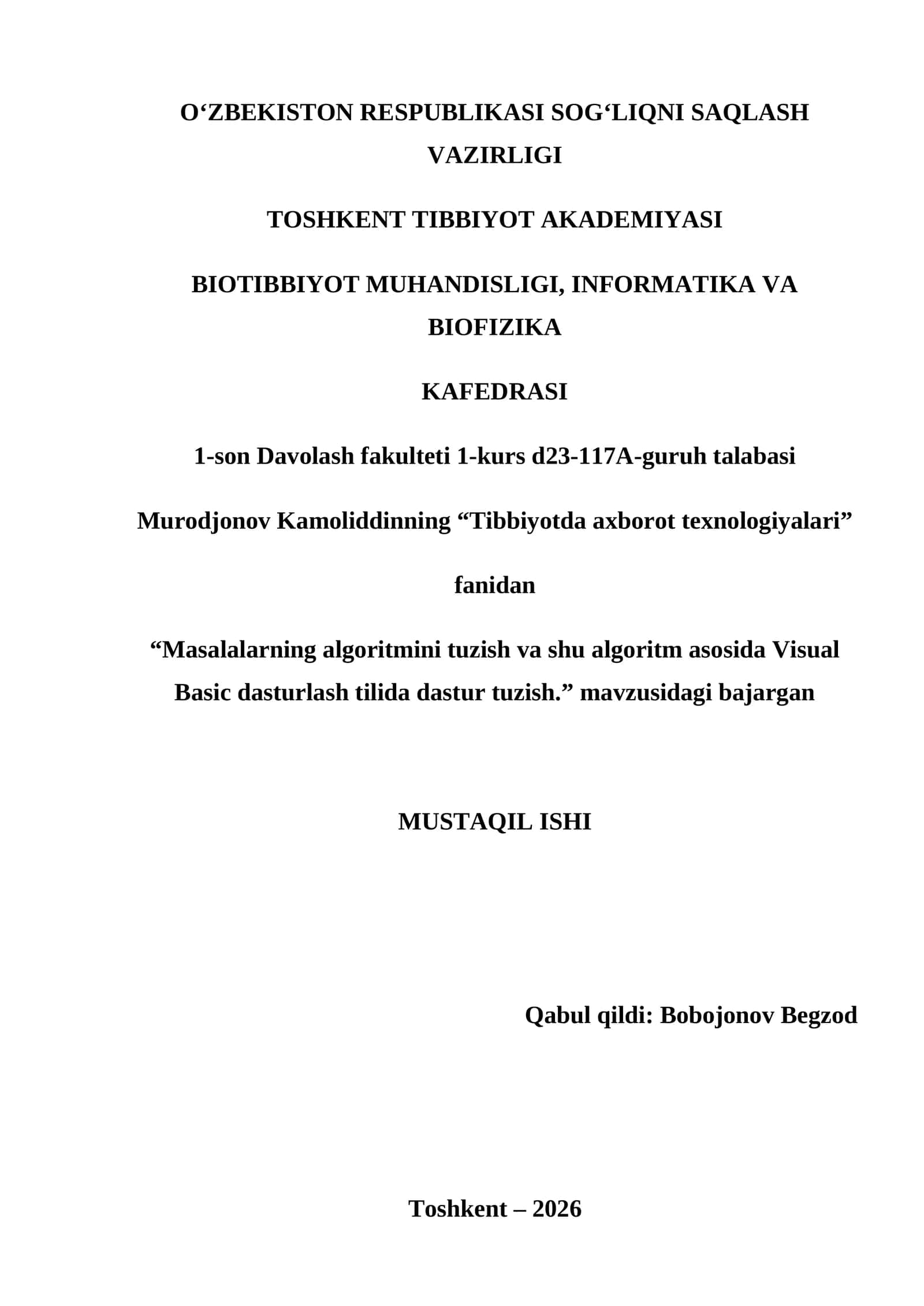 Masalalarning algoritmini tuzish va shu algoritm asosida Visual Basic dasturlash tilida dastur tuzish