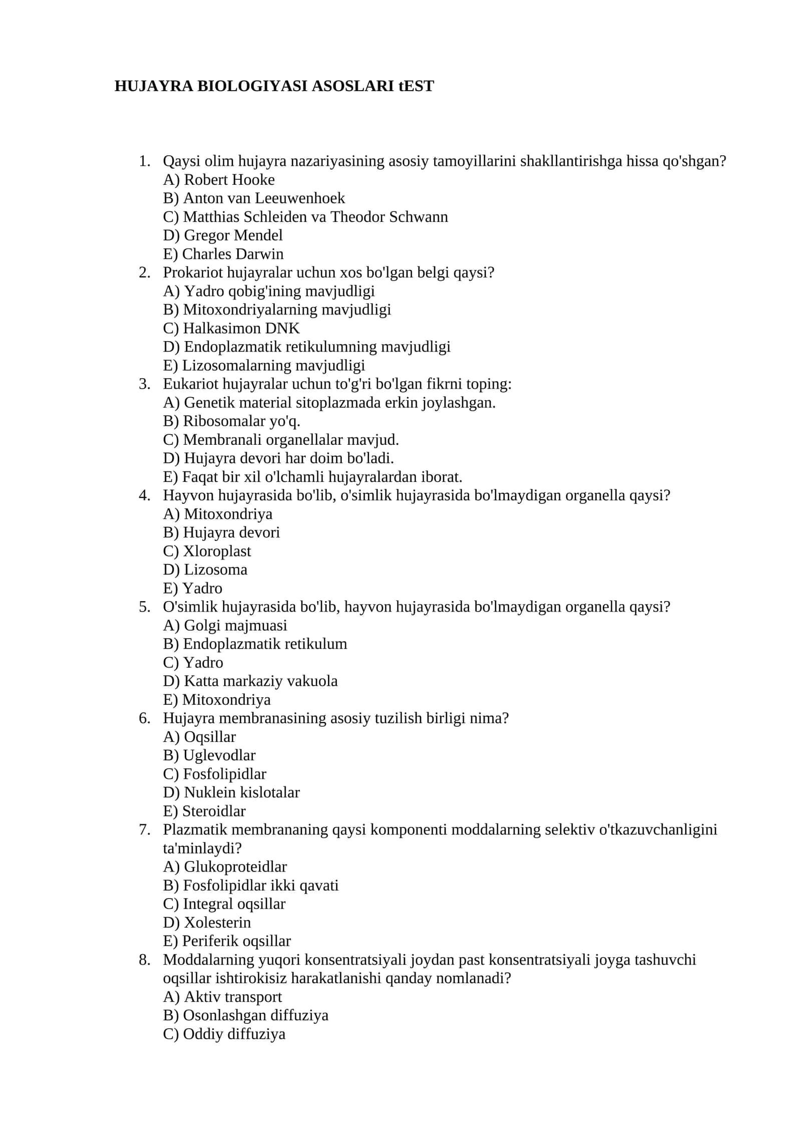 HUJAYRA BIOLOGIYASI ASOSLARI tEST