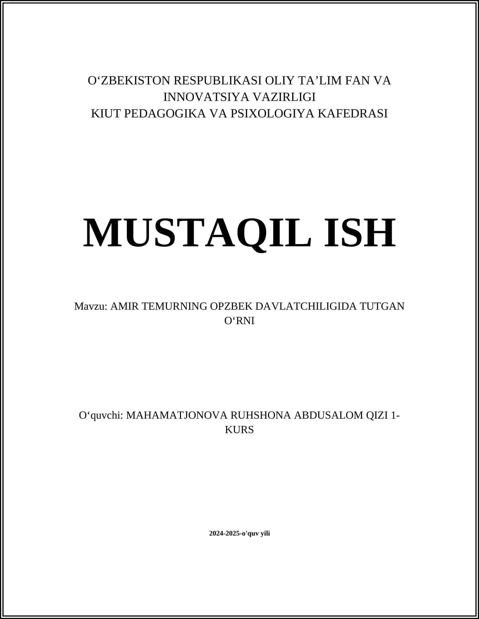 AMIR TEMURNING OPZBEK DAVLATCHILIGIDA TUTGAN O‘RNI