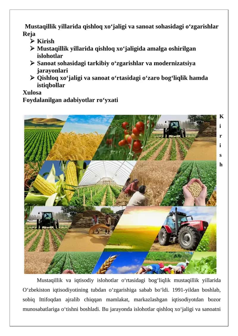 Mustaqillik yillarida qishloq xo‘jaligi va sanoat sohasidagi o‘zgarishlar