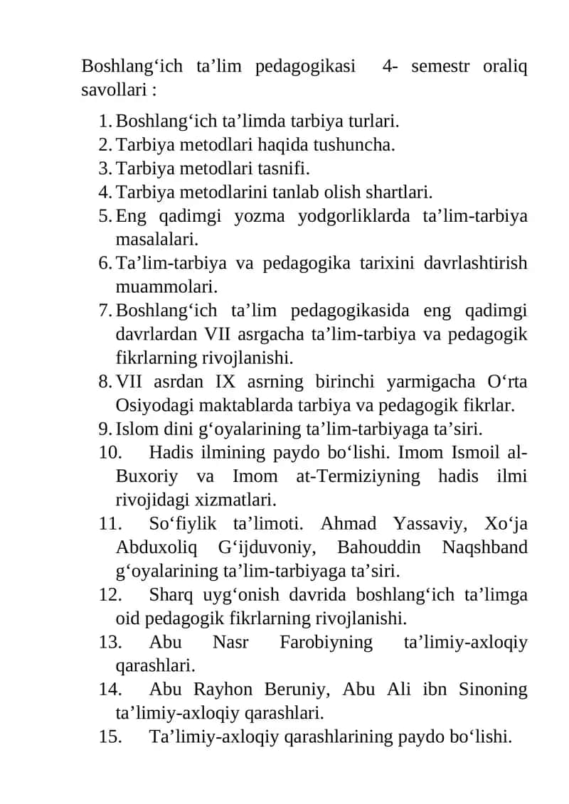 Boshlang‘ich ta’lim pedagogikasi 4- semestr oraliq savollari