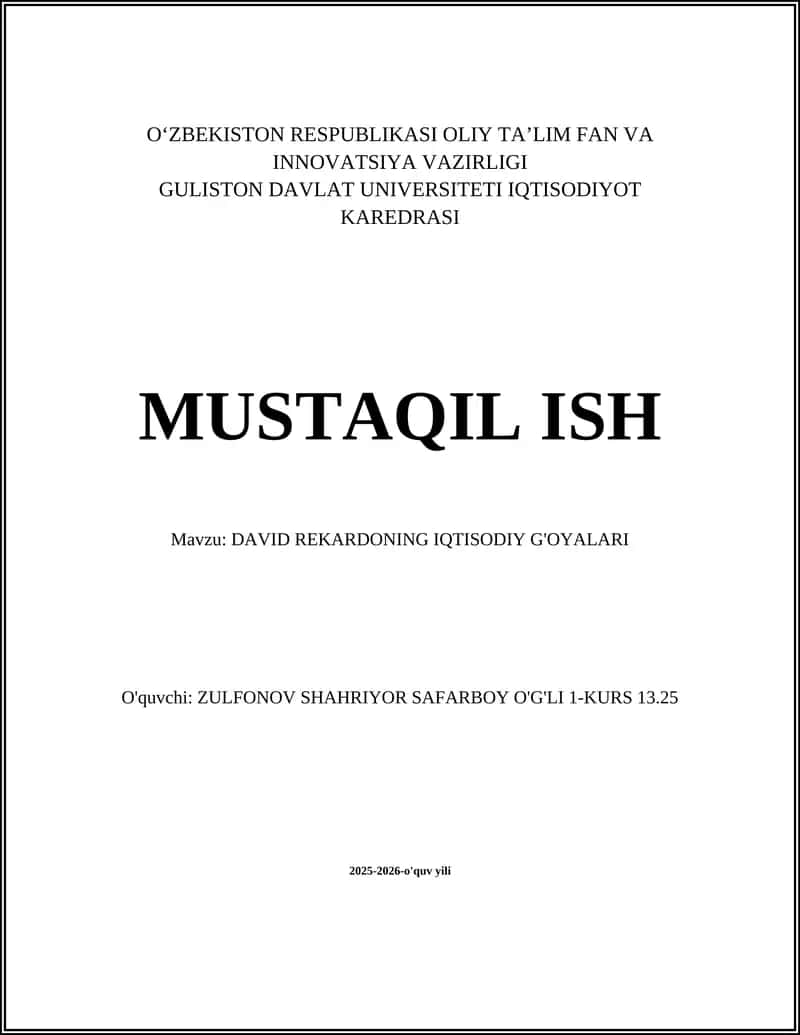 DAVID REKARDONING IQTISODIY G'OYALARI