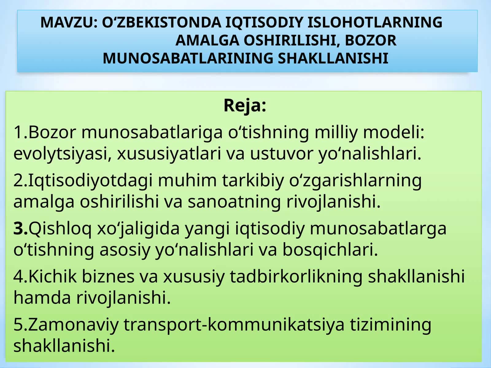 О‘ZBEKISTONDA IQTISODIY ISLOHOTLARNING AMALGA OSHIRILISHI, BOZOR MUNOSABATLARINING SHAKLLANISHI