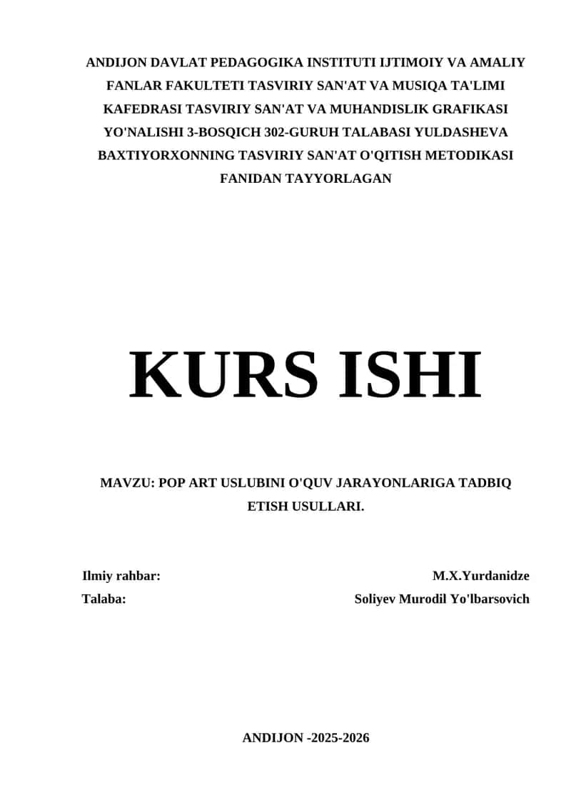 POP ART USLUBINI O'QUV JARAYONLARIGA TADBIQ ETISH USULLARI