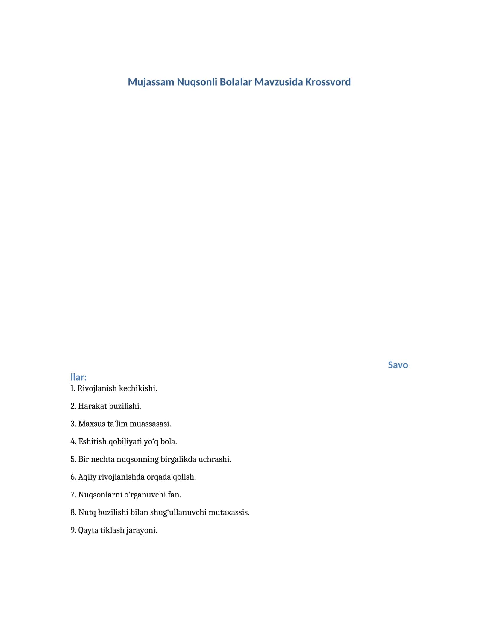 Mujassam Nuqsonli Bolalar Mavzusida Krossvord