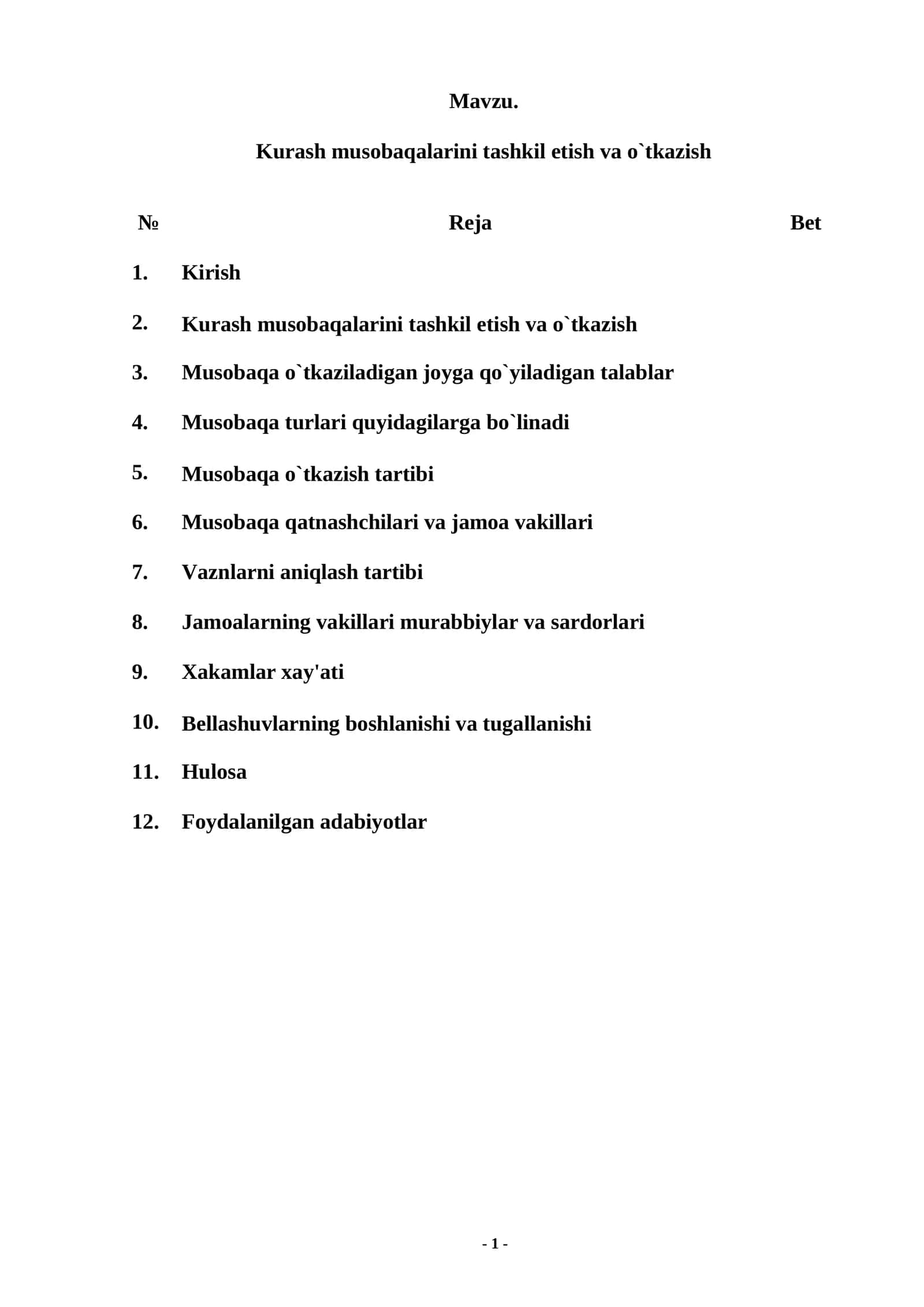 Kurash musobaqalarini tashkil etish va o`tkazish