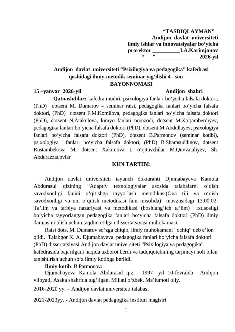 "Psixologiya va pedagogika" kafedrasi ilmiy-metodik seminar