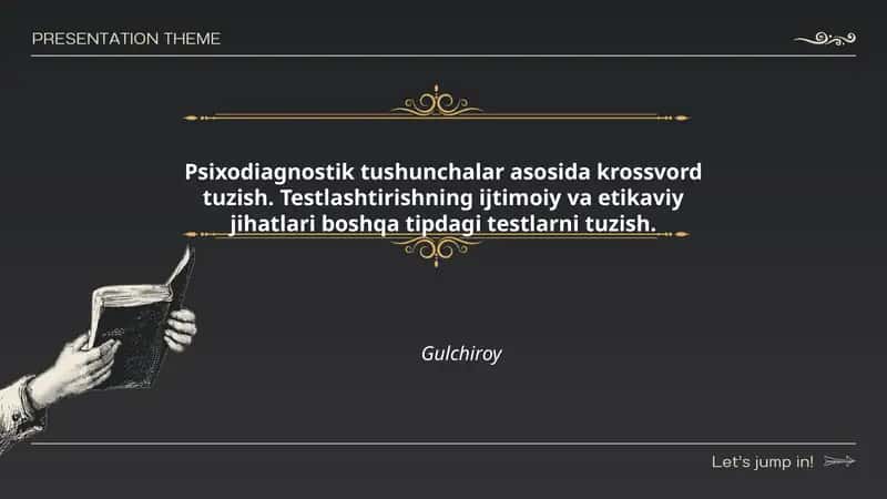 Psixodiagnostik tushunchalar asosida krossvord tuzish. Testlashtirishning ijtimoiy va etikaviy jihatlari boshqa tipdagi testlarni tuzish.
