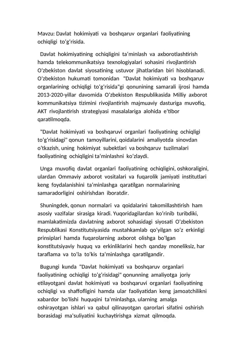 Davlat hokimiyati va boshqaruv organlari faoliyatining ochiqligi