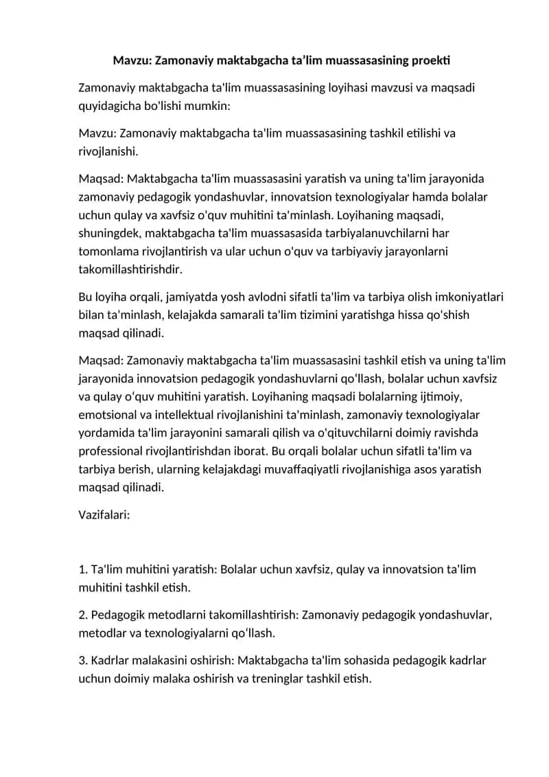 Zamonaviy maktabgacha ta’lim muassasasining proekti