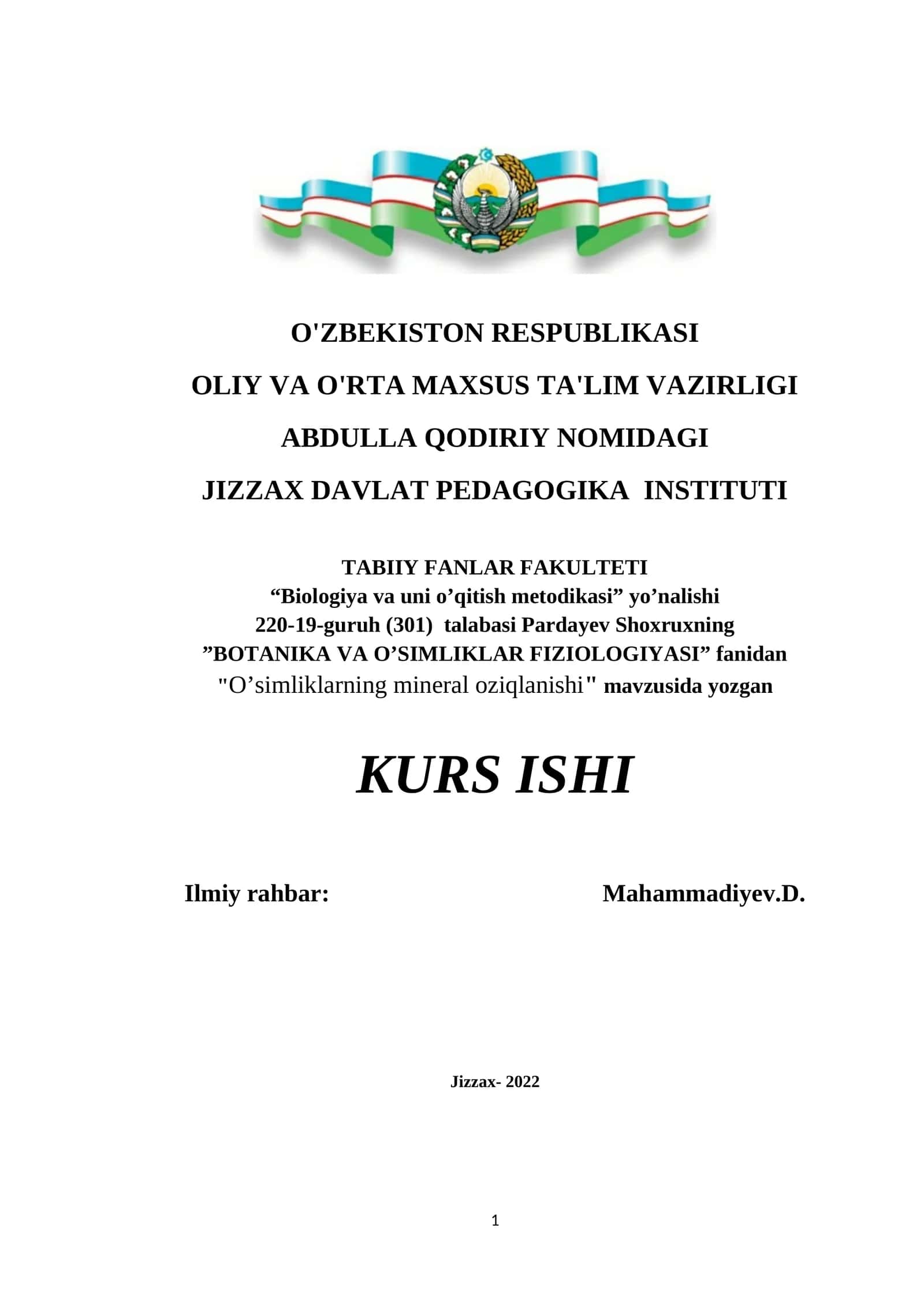 BOTANIKA VA O’SIMLIKLAR FIZIOLOGIYASI kurs ishi