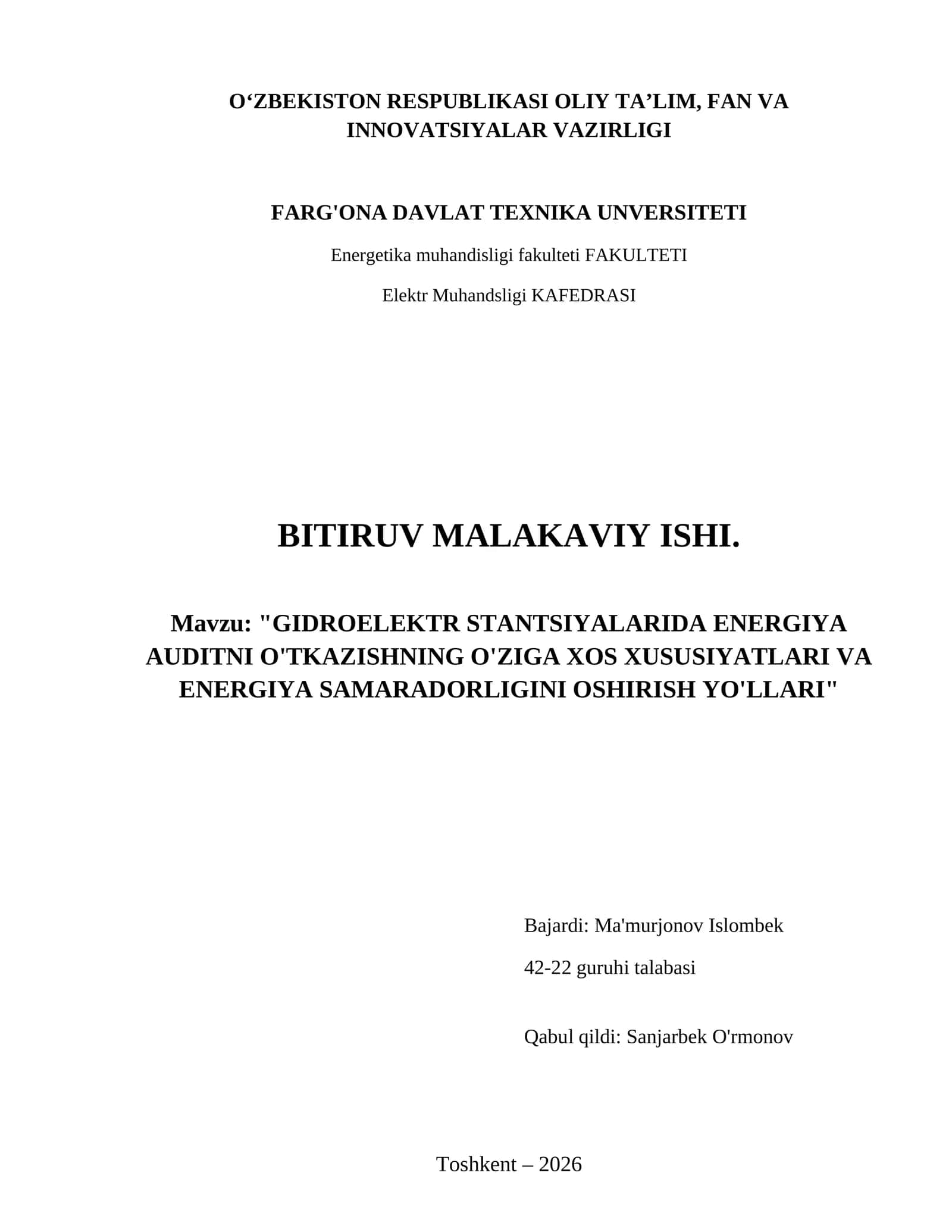 Gidroelektr stantsiyalarida energiya auditni o'tkazishning o'ziga xos xususiyatlari va energiya samaradorligini oshirish yo'llari
