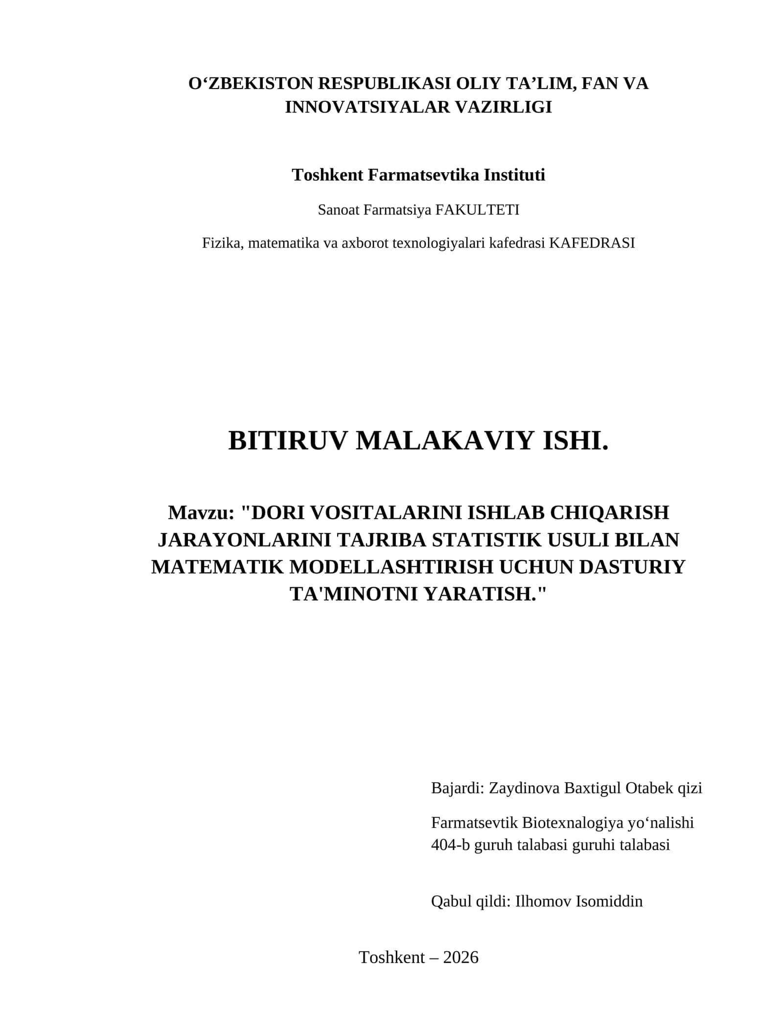 Dori vositalarini ishlab chiqarish jarayonlarini tajriba statistik usuli bilan matematik modellashtirish uchun dasturiy ta'minotni yaratish.