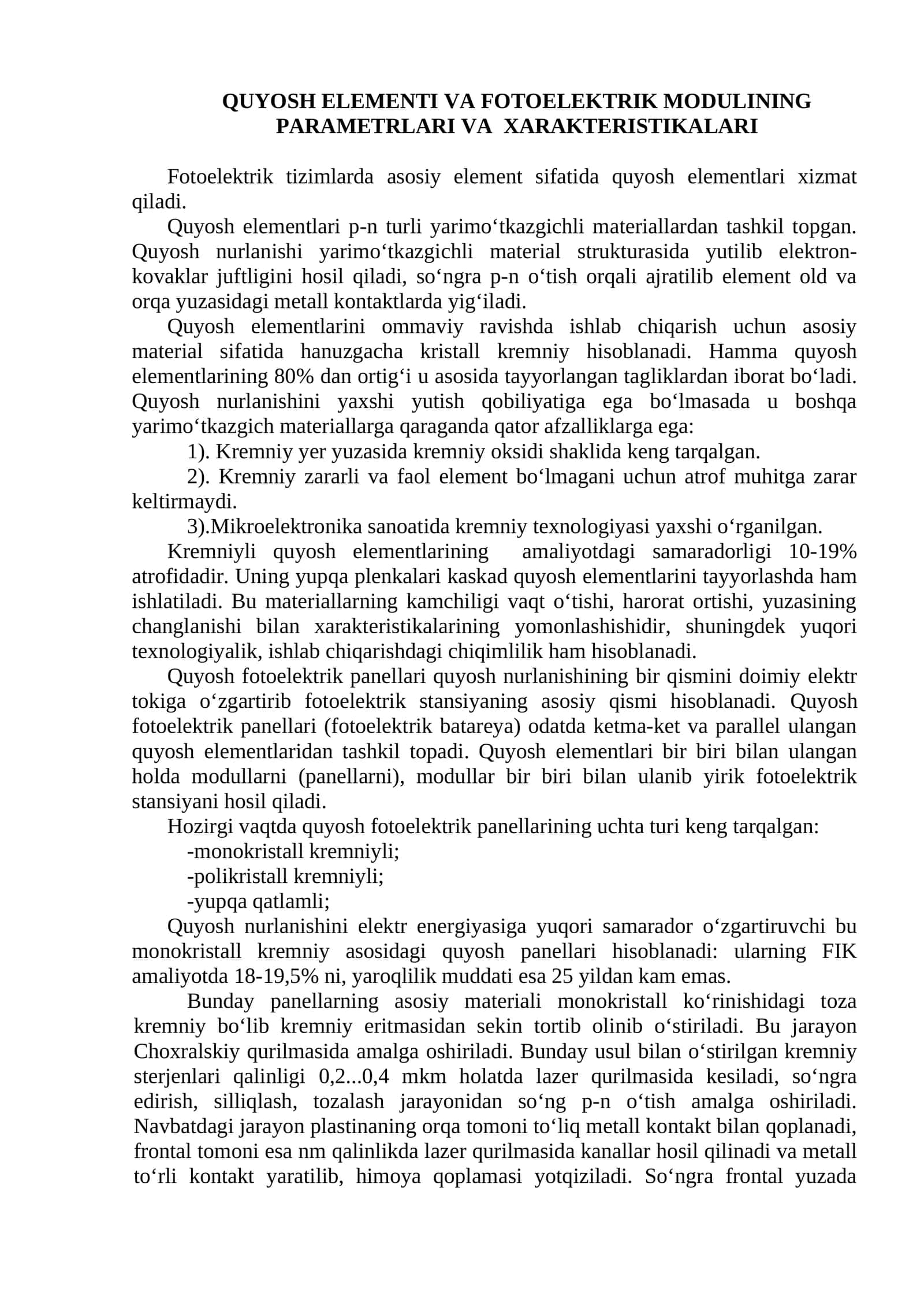 Quyosh elementi va fotoelektrik modulining parametrlari va xarakteristikalari
