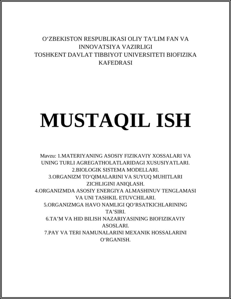 MATERIYANING ASOSIY FIZIKAVIY XOSSALARI VA UNING TURLI AGREGATHOLATLARIDAGI XUSUSIYATLARI