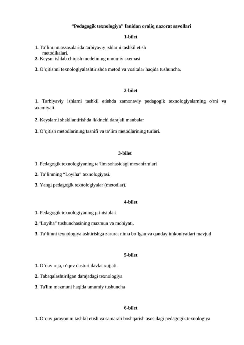 Pedagogik texnologiya fanidan oraliq nazorat savollari