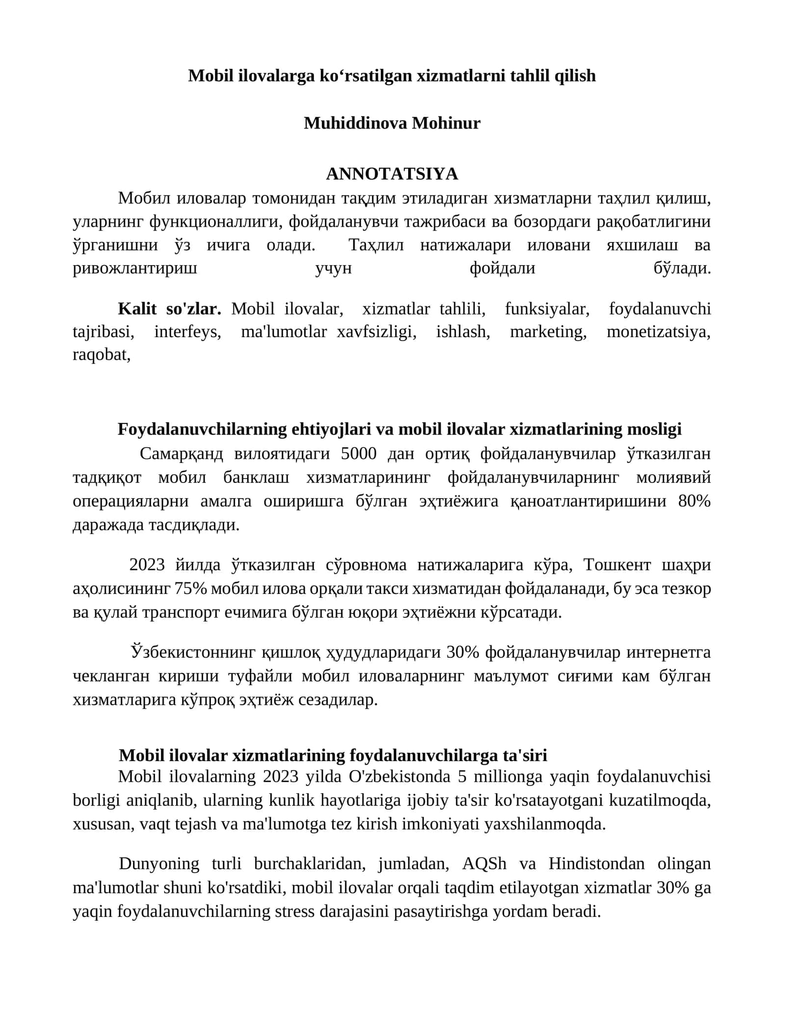 Mobil ilovalarga koʻrsatilgan xizmatlarni tahlil qilish